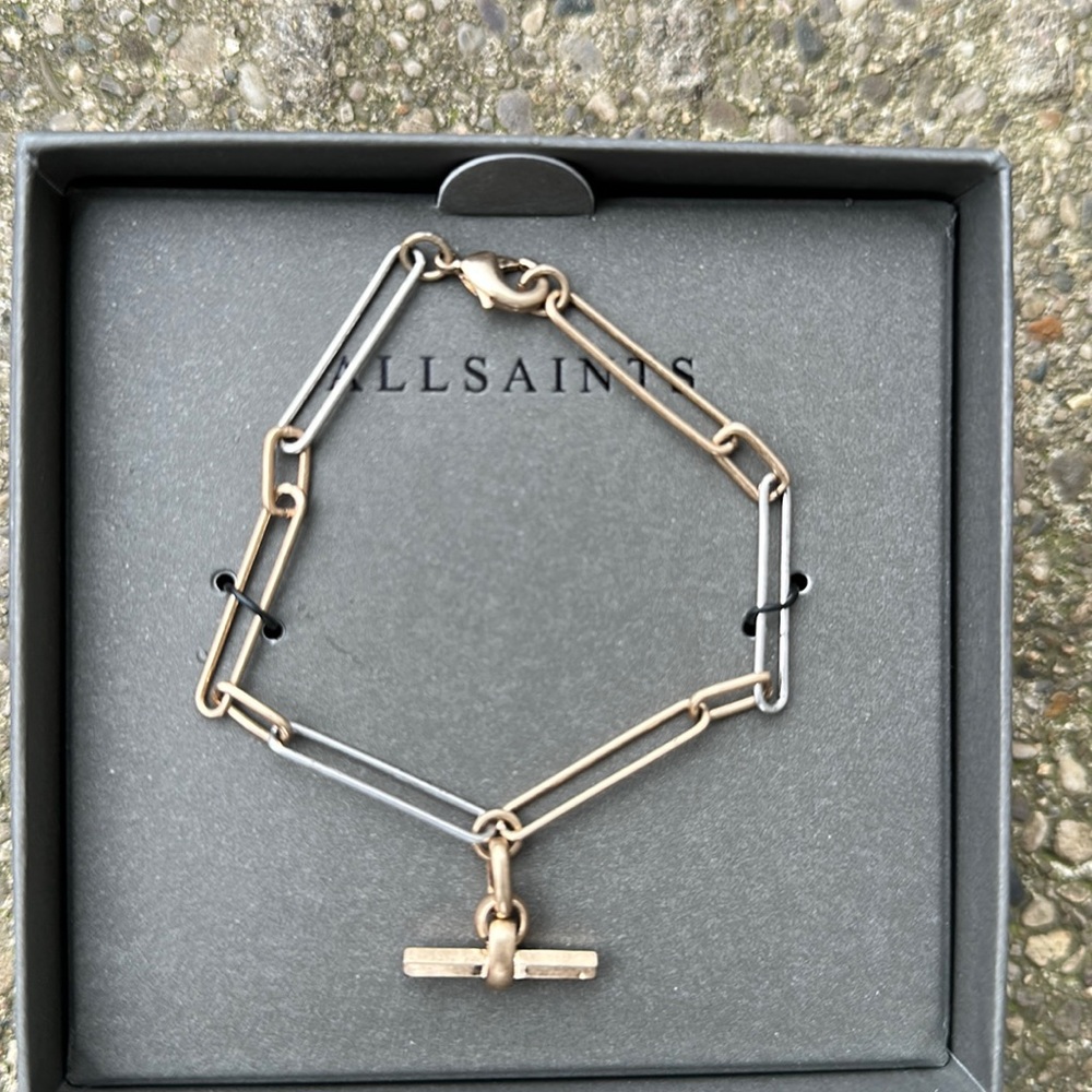 New ALLSAINTS Two-Tone Chain Link Bar Pendant Bracelet